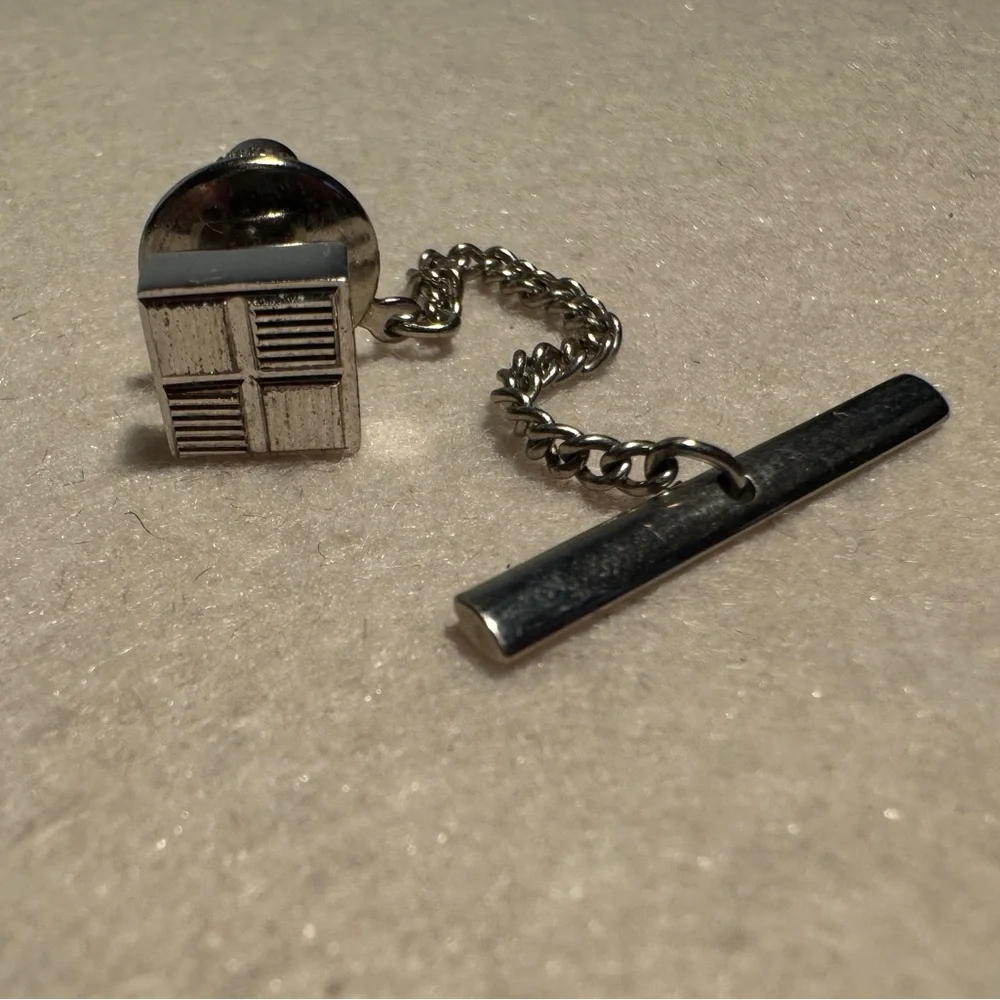 Vintage Silver Tone Tie Tack with Security Chain & Bar